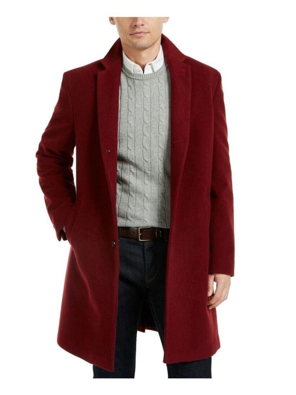 Tommy Hilfiger Mens Addison WoolBlend Trim Fit Overcoat Red Size 42REG MSRP $395